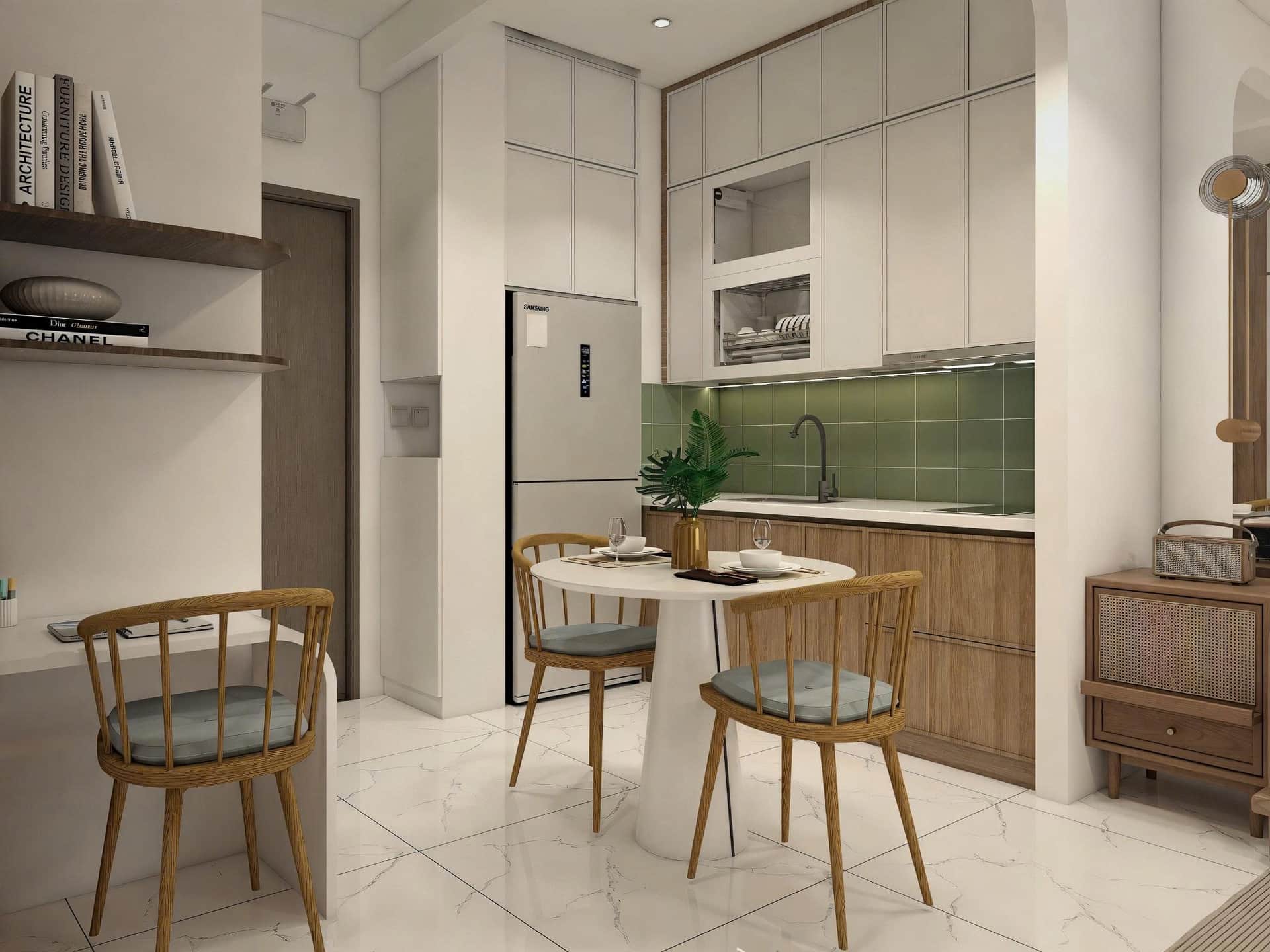 Bếp & bàn ăn — tủ trắng/gỗ, backsplash xanh rêu, bàn tròn ghế gỗ