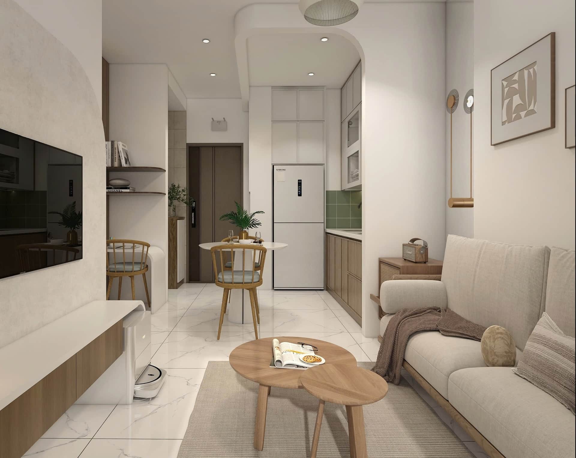 Phòng khách góc rộng — sofa, bàn cafe gỗ, kết nối bếp và phòng ăn
