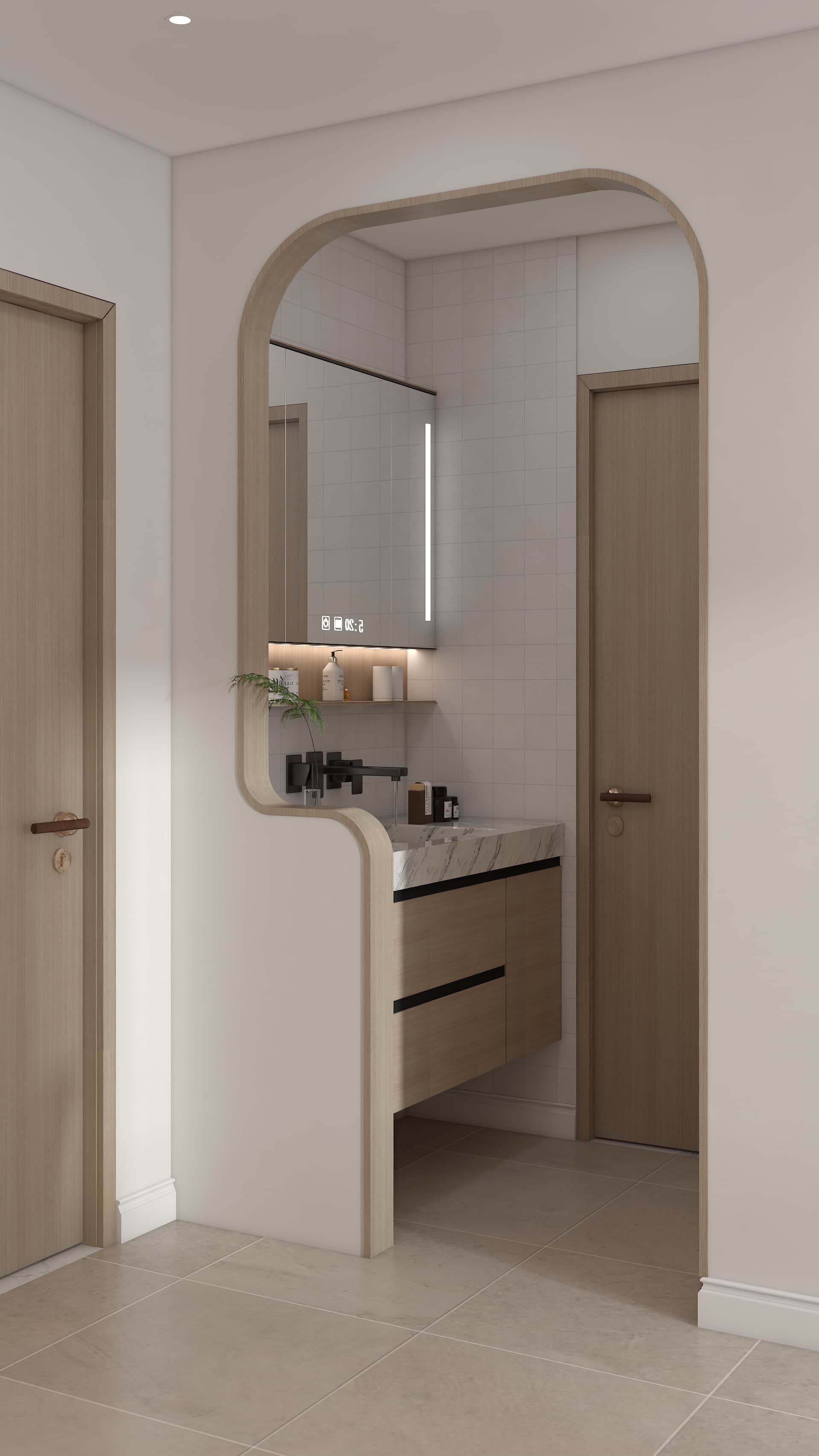 Phòng vệ sinh — cổng vòm gỗ, lavabo marble, gương đèn LED