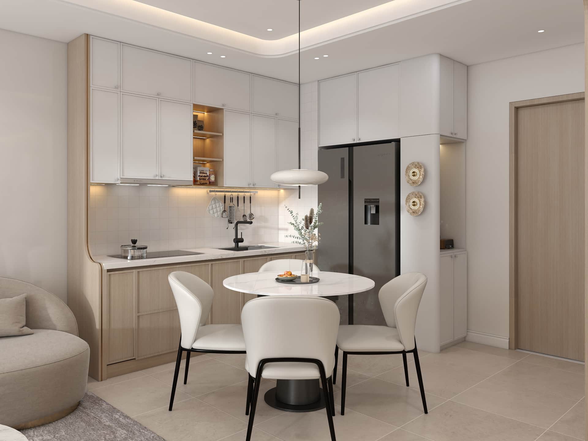 Bếp & bàn ăn — tủ bếp trắng/gỗ, bàn tròn marble, đèn thả