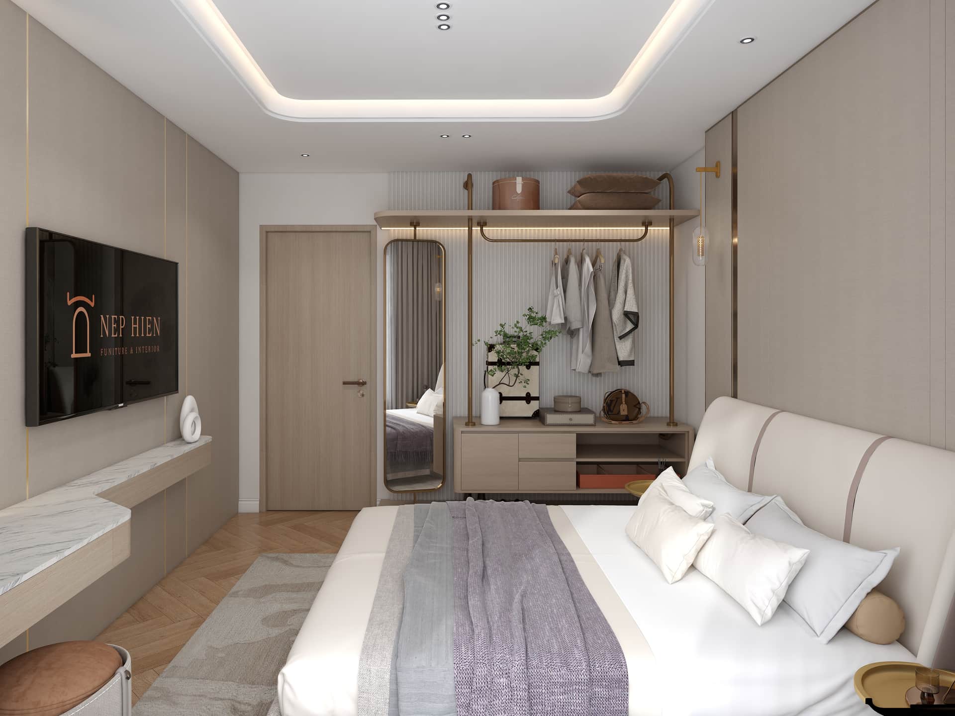 Phòng ngủ — tủ trưng bày vàng, tivi tường, logo Nếp Hiên