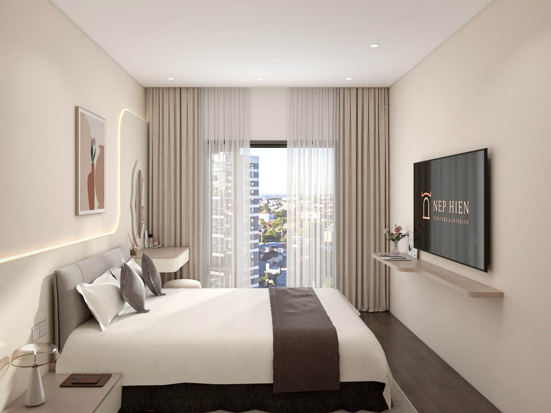 Phòng ngủ phụ — view thành phố, tivi tường, tối giản sáng sủa
