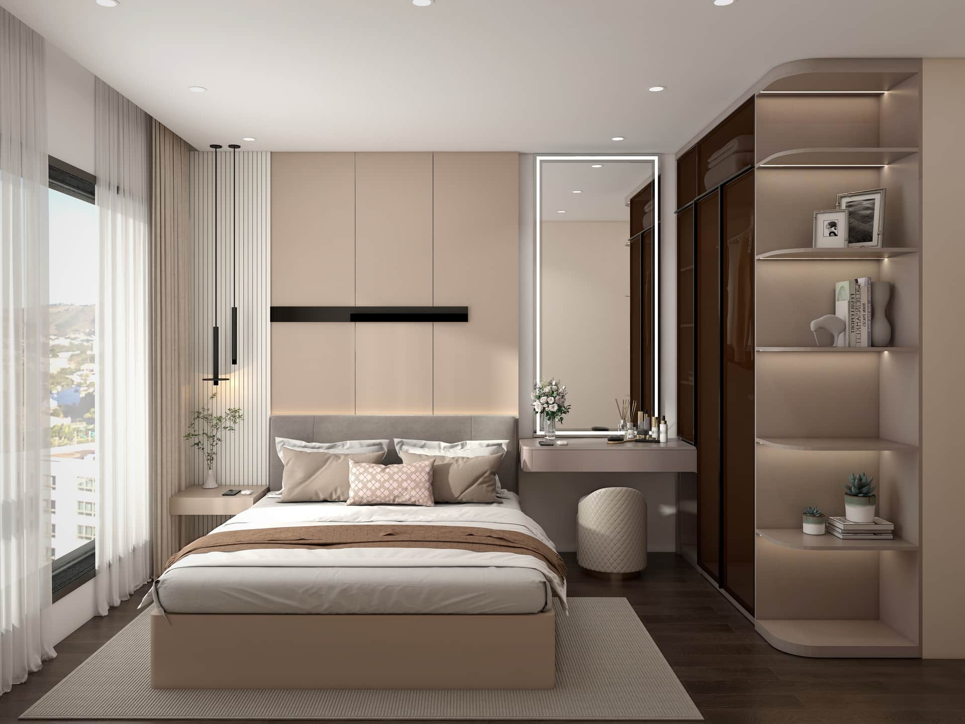 Phòng ngủ master — beige hồng, đèn thả đen, tủ gương, view thành phố