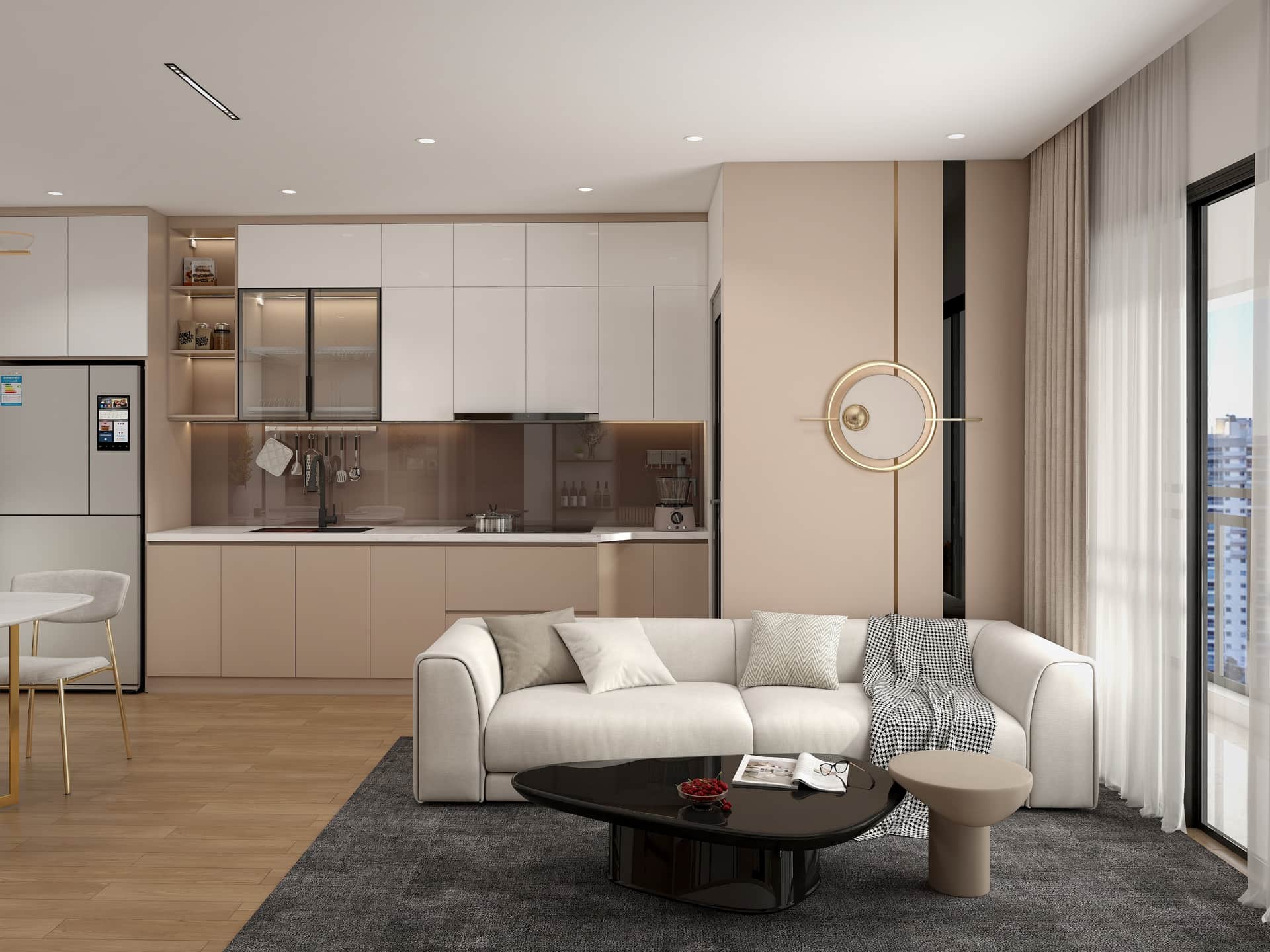 Không gian sống mở — phòng khách + bếp, đồng hồ vàng, sofa kem