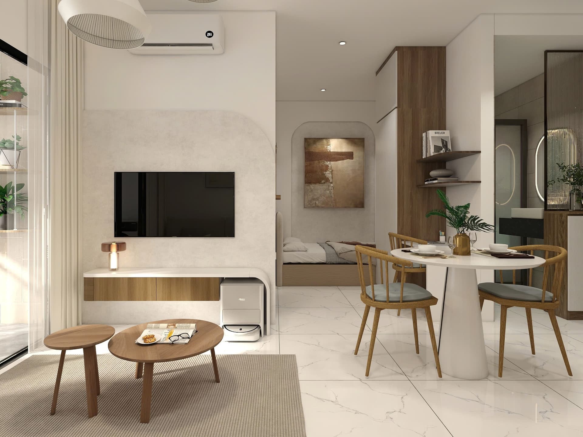 Phòng khách — sàn marble, TV console gỗ, vòm cung dẫn vào phòng ngủ
